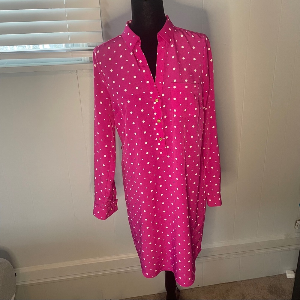 THE LIMITED ASHTON PINK WHITE POLKA DOTS SHIRT DRESS SIZE MEDIUM